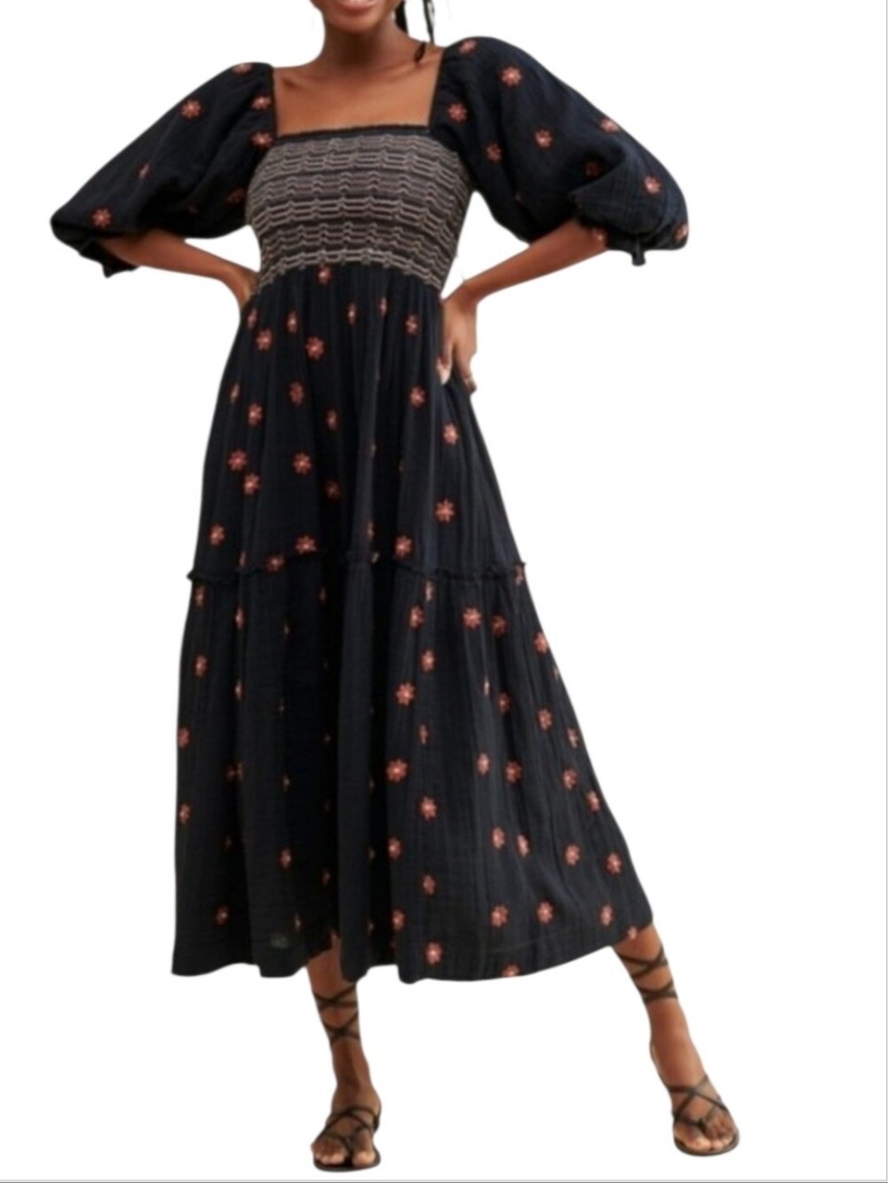 Free People Dahlia Embroidered Maxi Dress Black Floral Smocked Puff Sleeve XS
